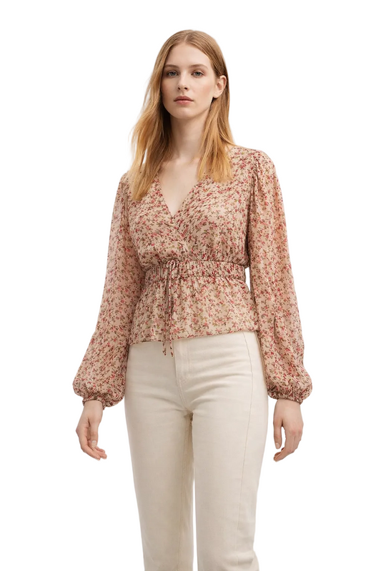 Bluzka damska z kwiatowym nadrukiem i wiązaniem w talii