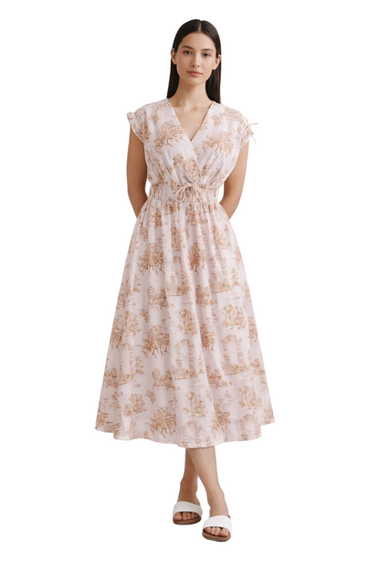 Sukienka damska midi z nadrukiem toile de jouy