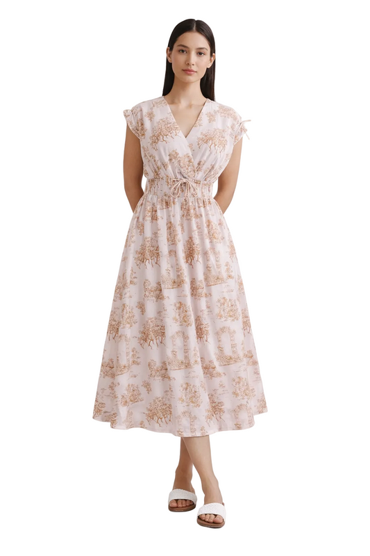 Sukienka damska midi z nadrukiem toile de jouy