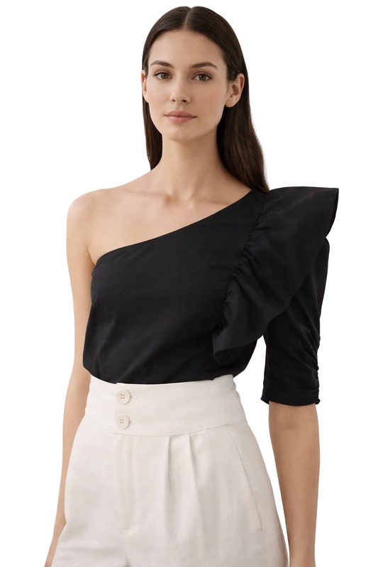 Czarna bluzka na jedno ramię z falbaną