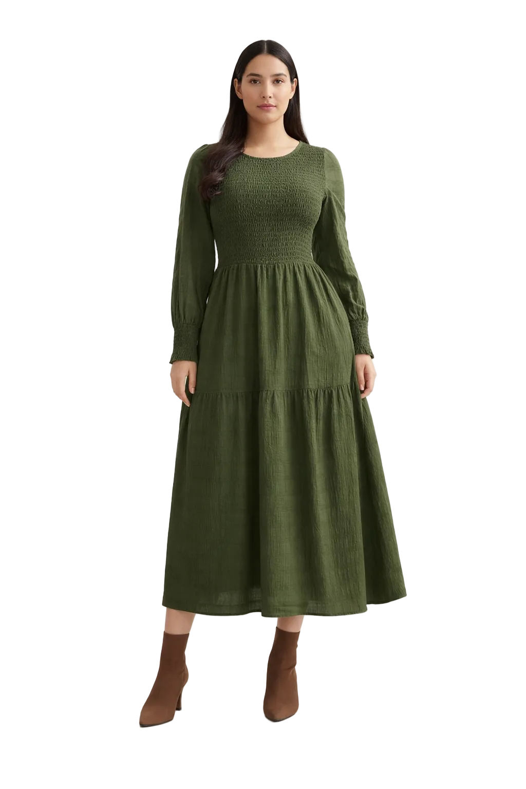 Zielona sukienka midi z marszczonym gorsetem i warstwową spódnicą